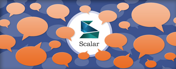 graphic with speech bubbles and the scalar logo