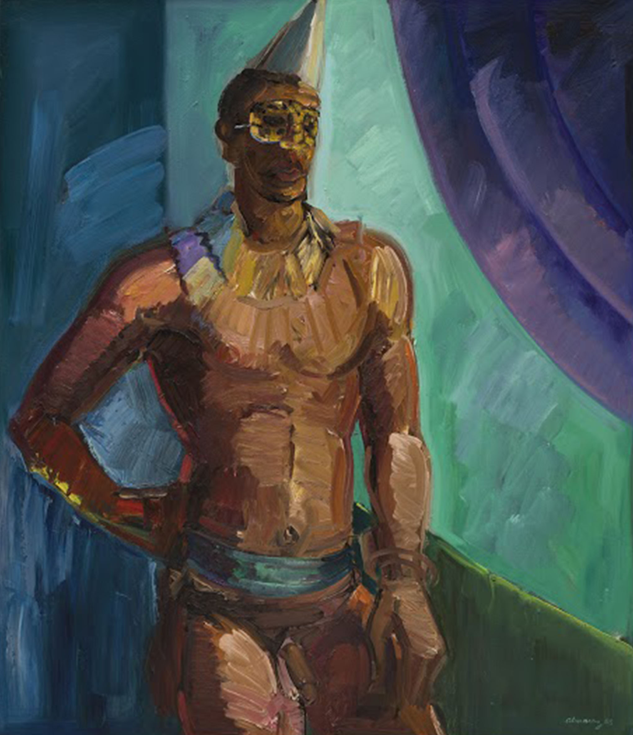 Oil painting of man in mask with birthday hat