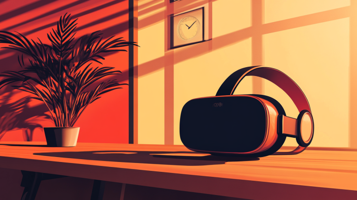 Art of a VR headset sat idly on a table.