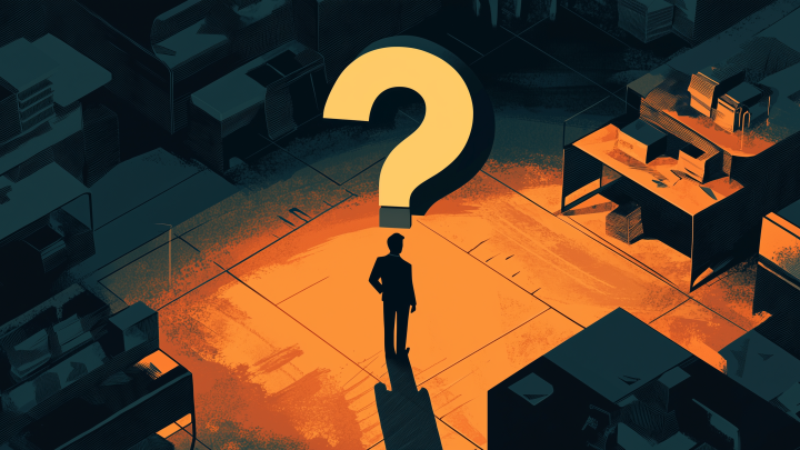 Art of one man in an empty office with a looming question mark.
