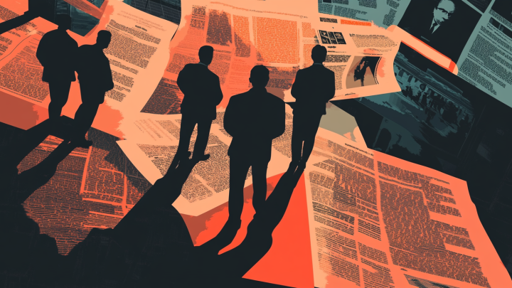 Art of silhouettes standing on newspapers.
