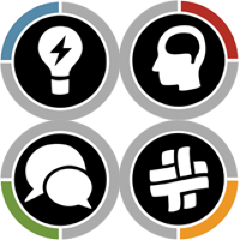 Four icons in a grid, ideas, mind, communication, tapastry