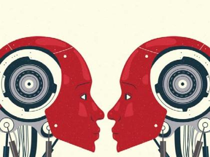 two humanoid robots facing each other