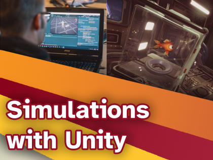Promo image for workshop with title "Simulations with Unity."